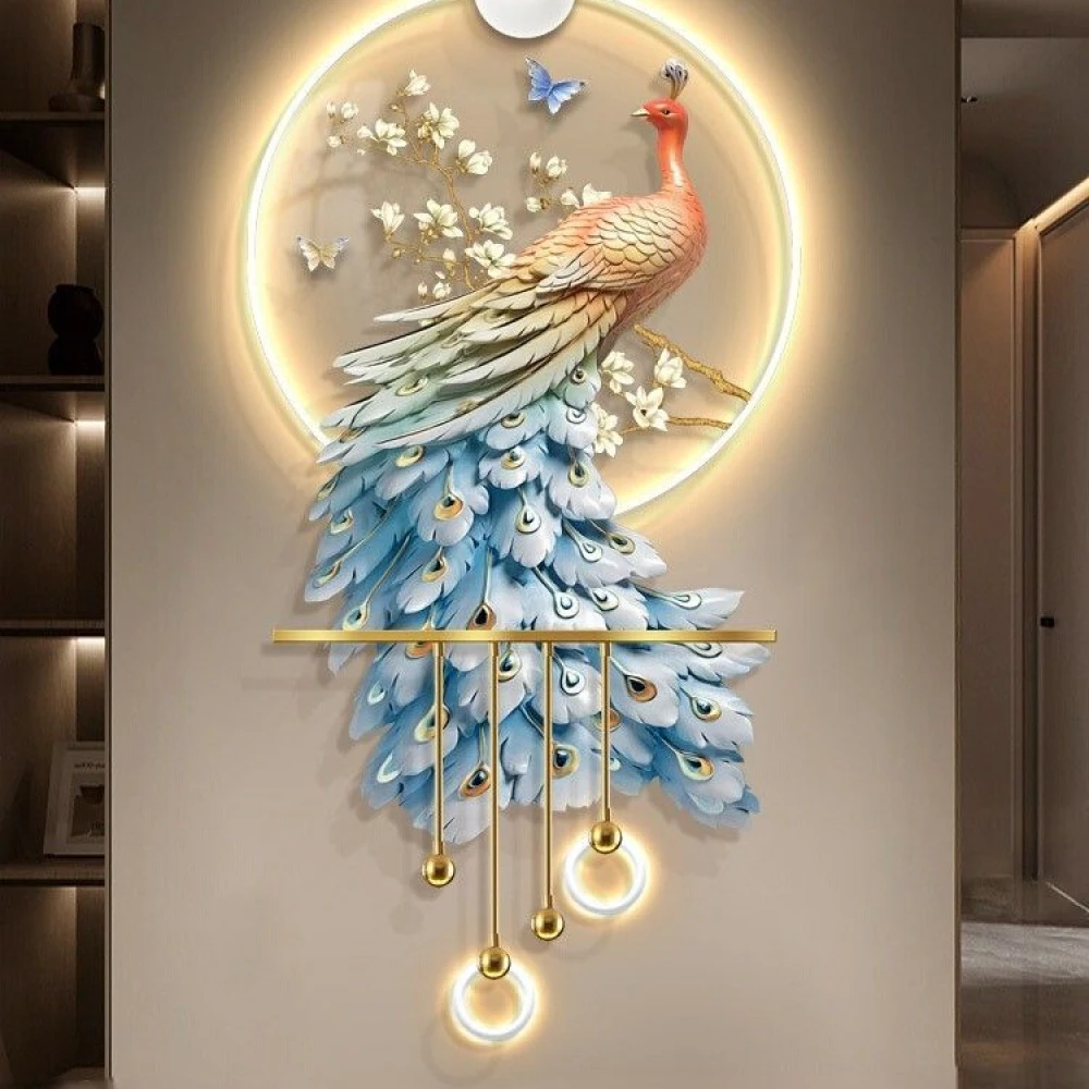 现代轻奢孔雀玄关装饰画寓意好LED灯光挂画走廊立体发光艺术壁灯