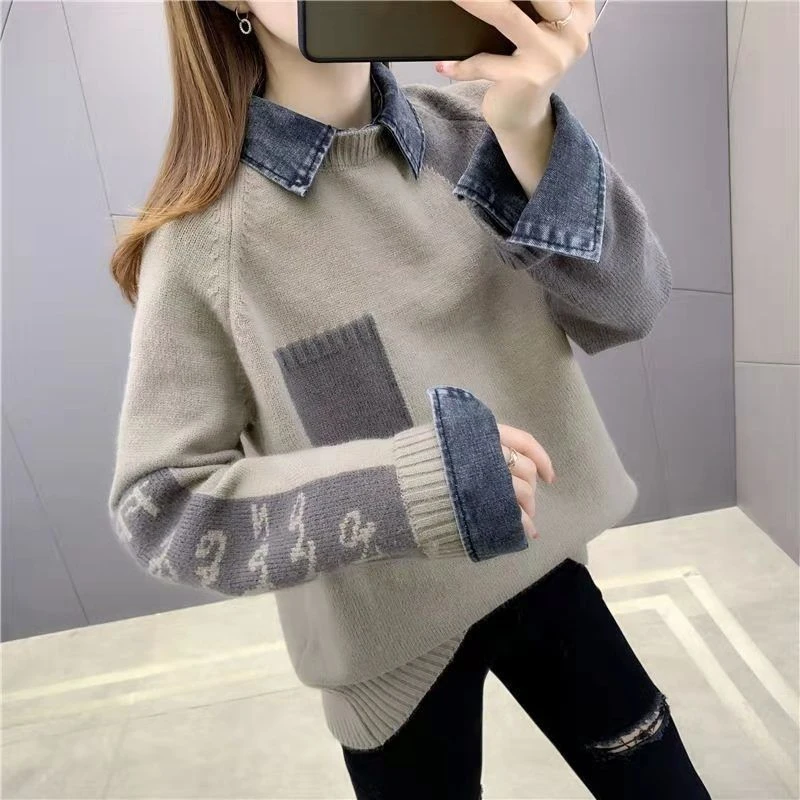 2023秋冬新款加绒毛衣女拼接假两件打底衫韩版洋气上衣加厚时尚潮