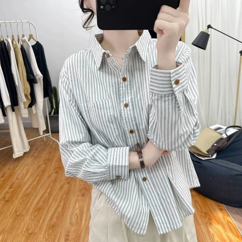 纯棉条纹长袖衬衫女春秋季2024新款韩版百搭上衣时尚休闲女士衬衣
