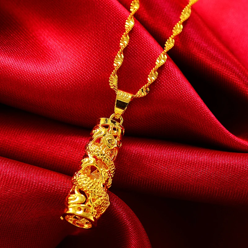 合金吊坠 正品龙柱黄金色项坠吊坠空心加宽加重实心男朋友的礼物