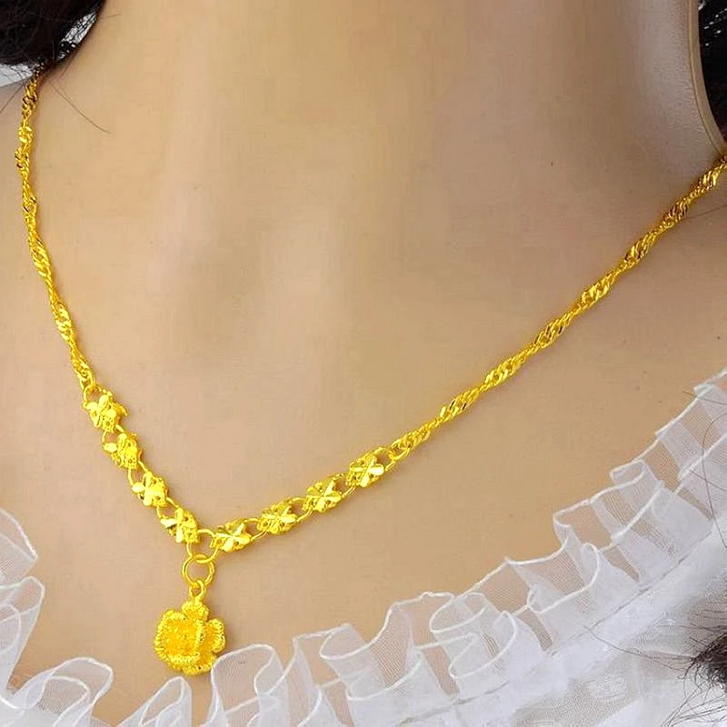 铜合金项链 正品黄金色玫瑰花项链女新娘礼物不掉色套链锁骨北欧