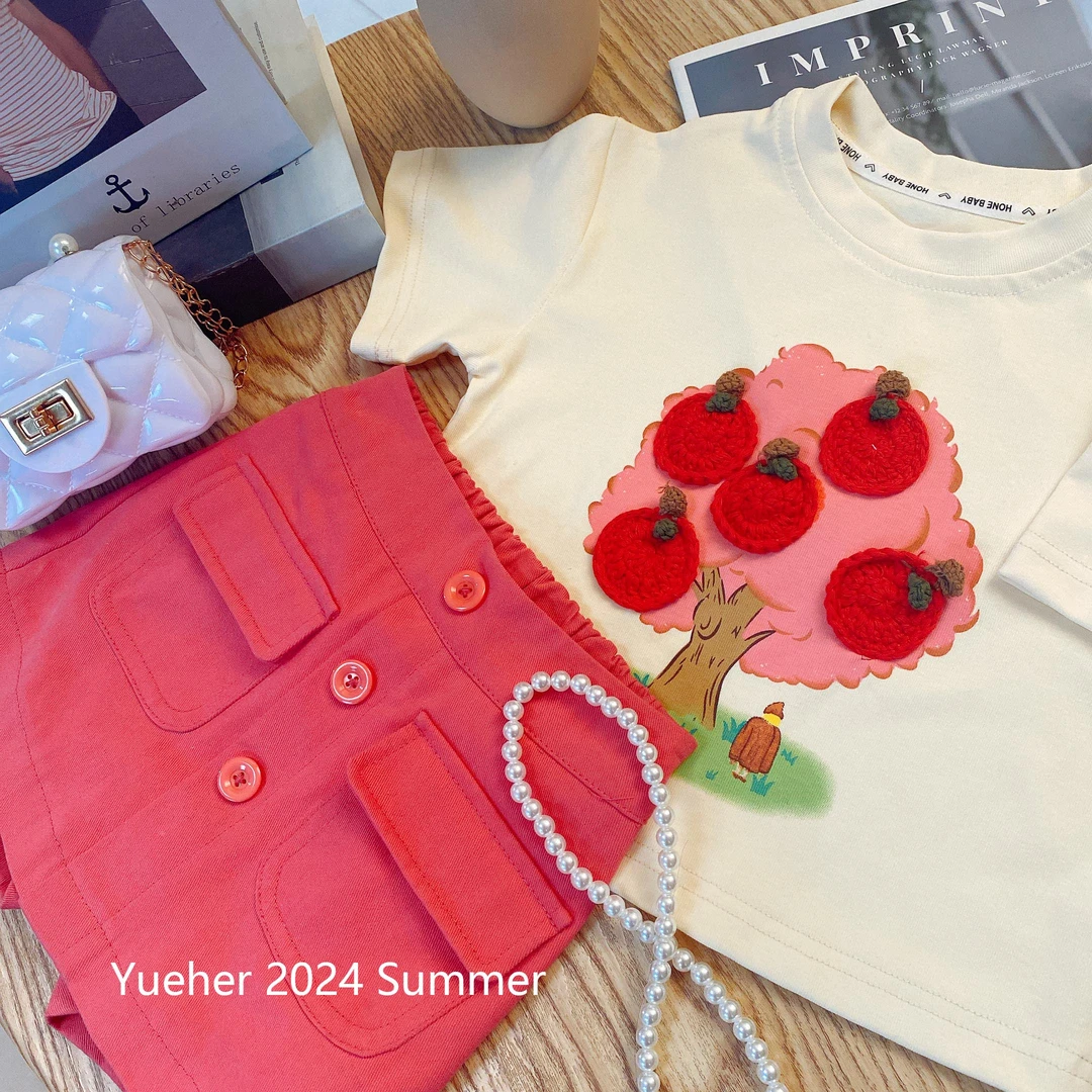 夏季女童苹果树休闲套装 百搭时尚清新上衣裙裤两件套