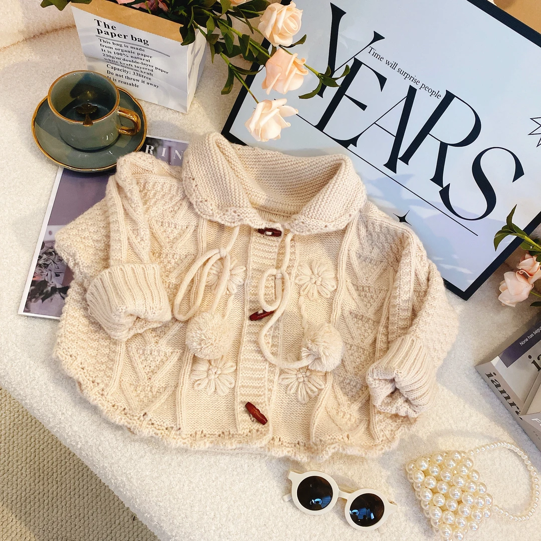 韩版童装女童针织开衫毛衣新款秋洋气复古手工钩花翻领毛衣7064