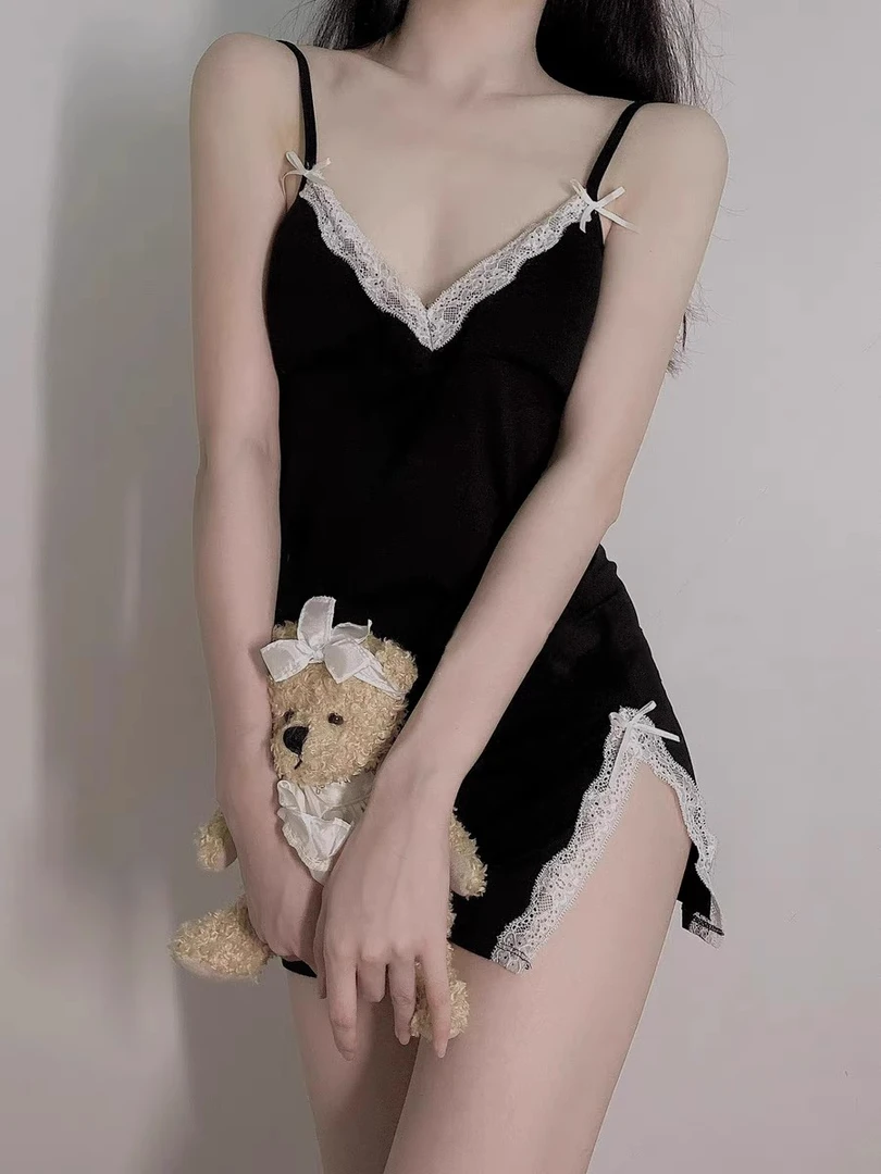 蕾丝睡裙小心机轰趴性感包臀裙V领胸垫显瘦露背开叉床上夏季吊带