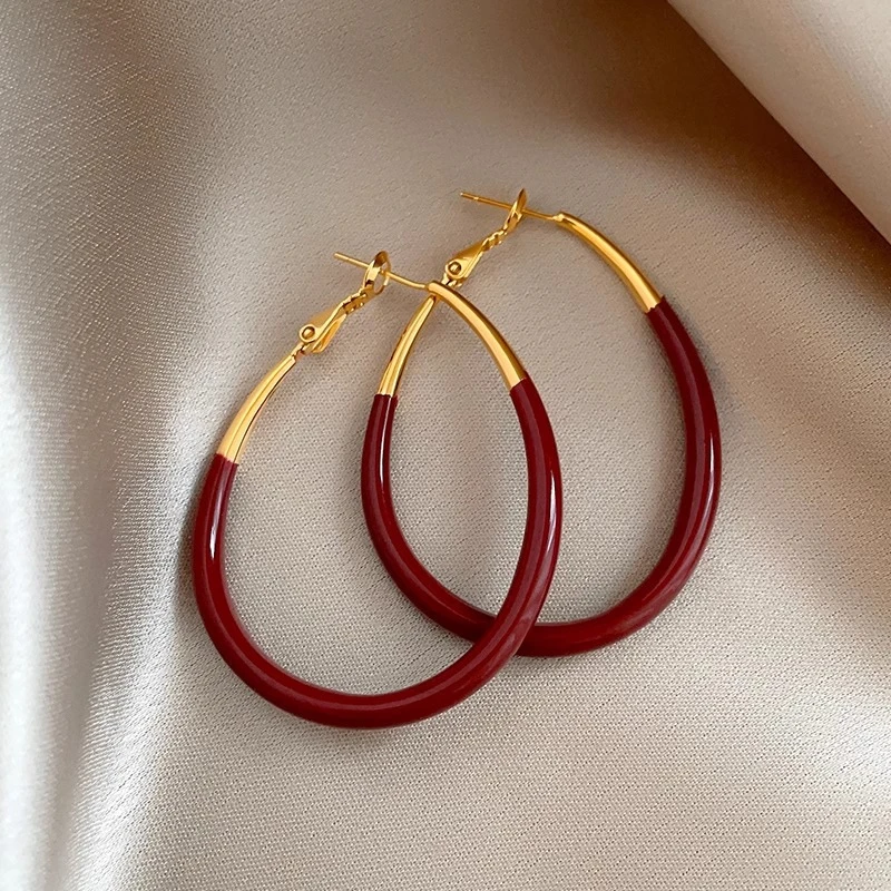 铜合金耳饰 安可拉红色椭圆圈圈耳环女显脸小气质高级感小众耳钉