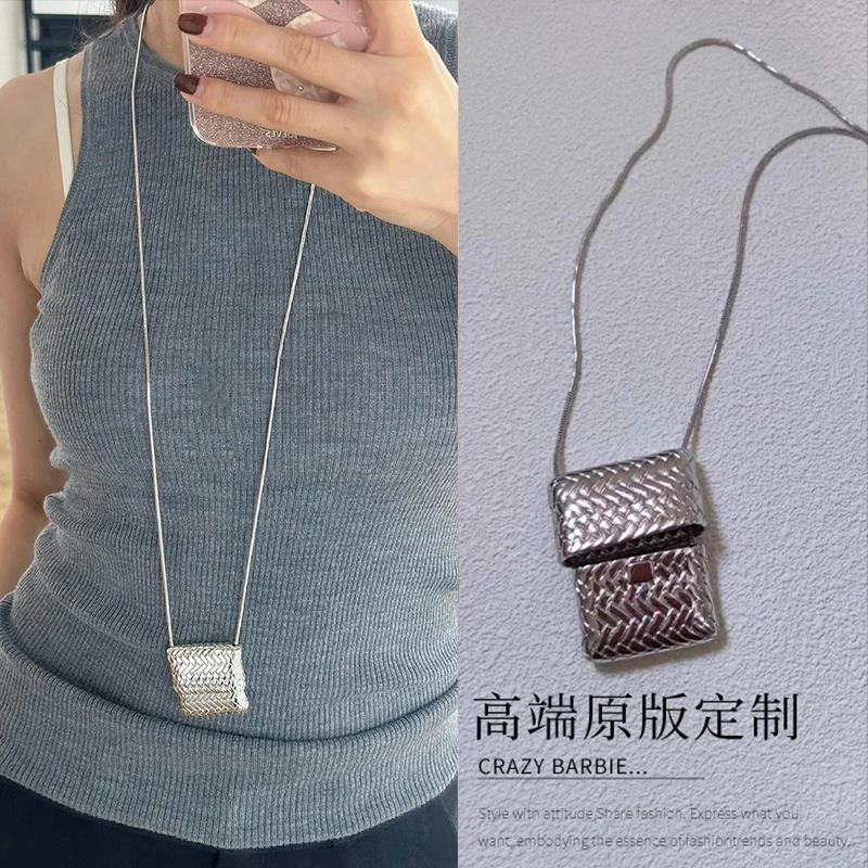 铜合金项链 长款编织包包吊坠项链女时尚高级感毛衣链气质卫衣链