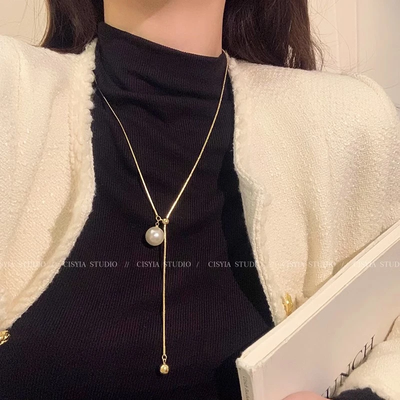 钛钢项链 轻奢小众珠珠长款项链女秋冬气质锁骨链百搭个性毛衣链