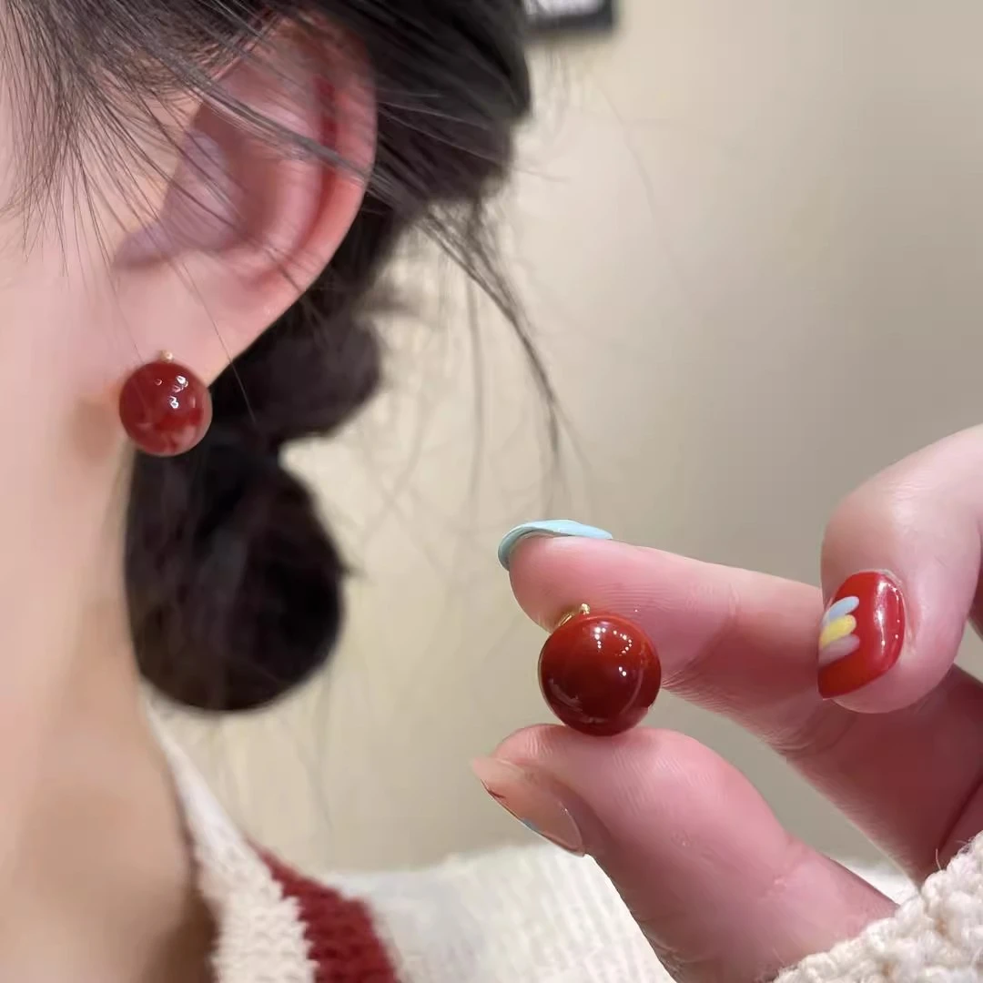 铜合金耳饰 轻奢红色珠珠耳扣女小众复古高级感气质时髦好物耳环