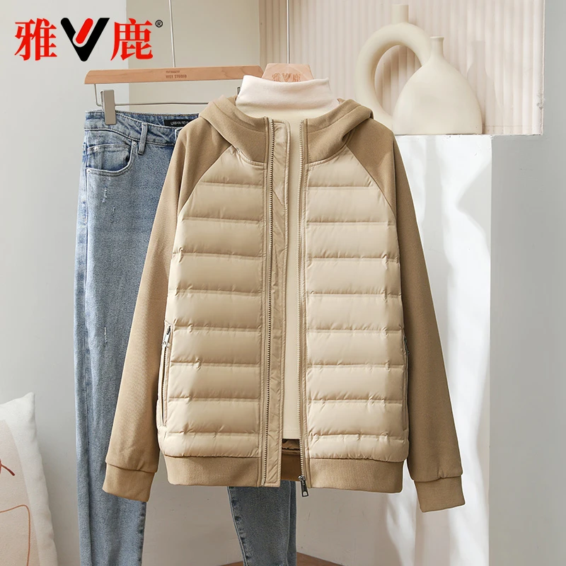 雅鹿2025秋冬季新款轻薄羽绒服女连帽简约宽松防风保暖女拼接外套