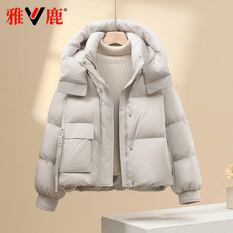 雅鹿2024新款羽绒服女连帽冬季时尚百搭短款宽松休闲保暖连帽羽绒