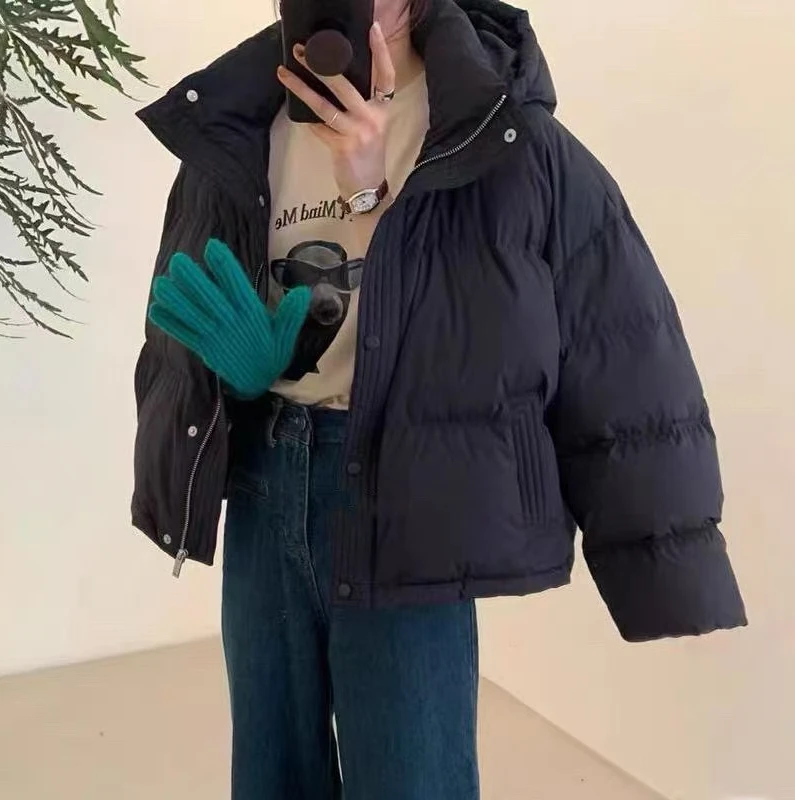 HM~【给你温暖】率性自我~ping冬季简约连帽宽松百搭抽绳棉衣300#