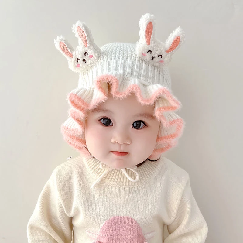 秋冬季婴儿毛线帽子超萌可爱小兔女宝宝遮阳帽婴幼儿套头帽渔夫帽