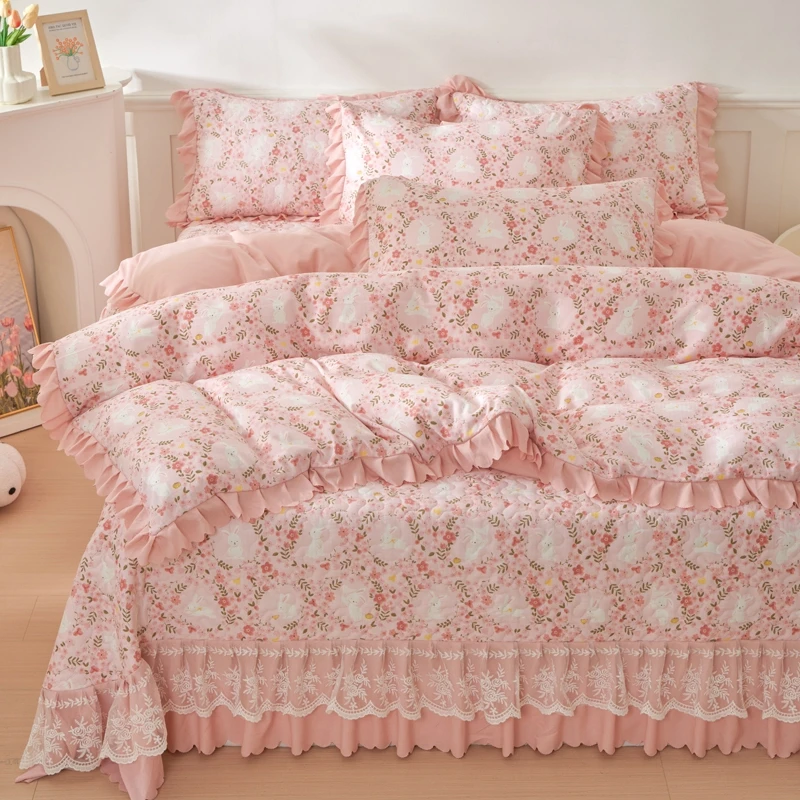 【春季上新】蕾丝床裙款泡泡纱A类母婴级床盖被套枕套四件套亲肤款
