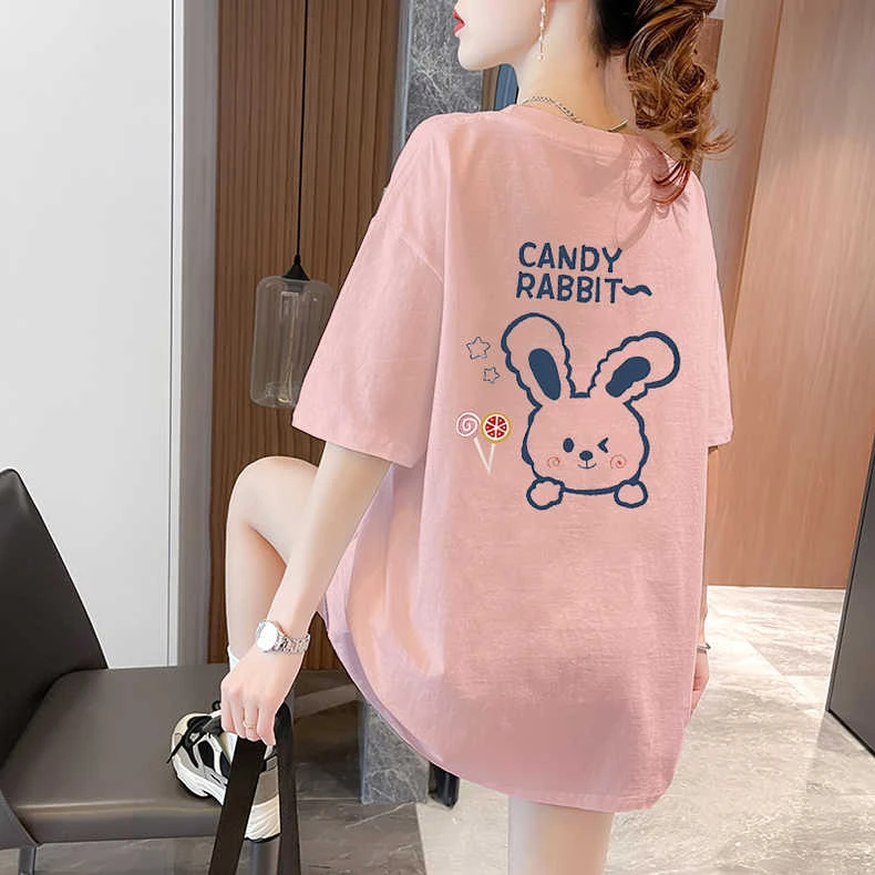 纯棉短袖t恤女大码女装2025新款夏季宽松显瘦卡通爆款粉色上衣ins