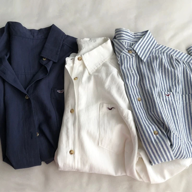 翻领口袋简约刺绣单排扣长袖衬衫2024秋冬新款纯棉韩版通勤衬衣女