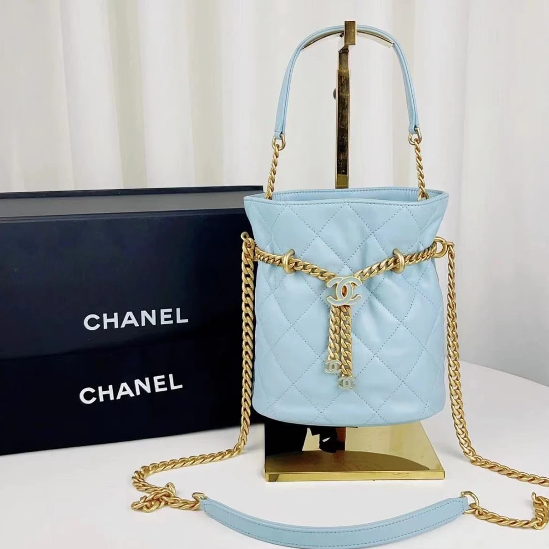 99新 Chanel/香奈儿  牛奢网/22p蓝色水桶链条包/芯片款