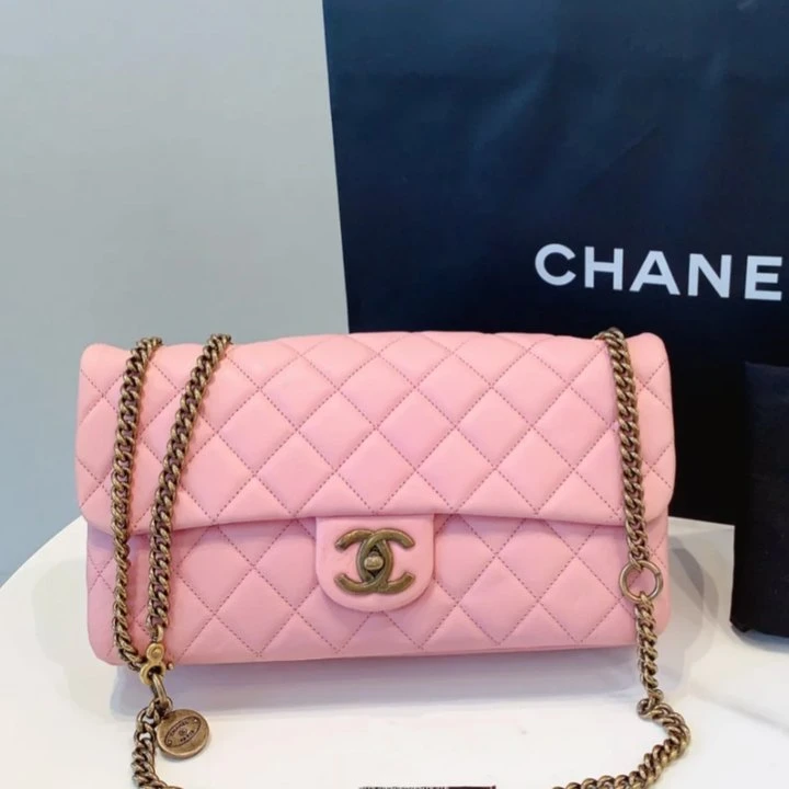 95新 Chanel/香奈儿  牛奢网/粉色cf限量款金币链条单肩包