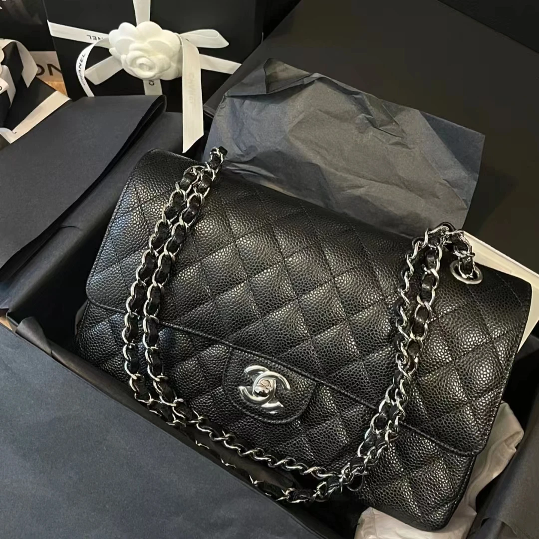 99新 Chanel/香奈儿 牛奢网/29开黑银牛中号cf单肩链条包/双11