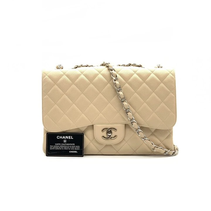 95新 Chanel/香奈儿 牛奢网/jumbo米色银扣单盖链条包