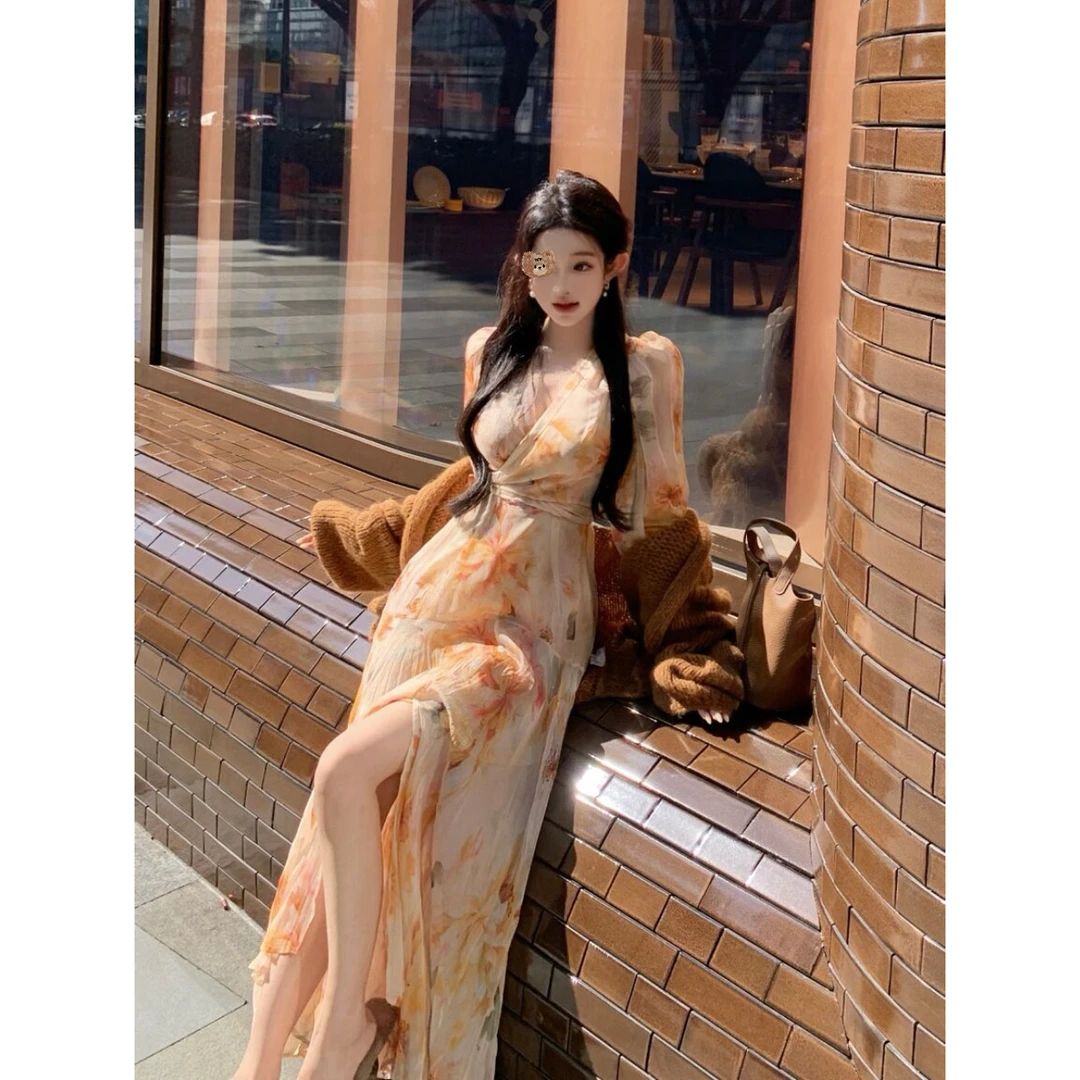 桃喜家 ·琉璃秋鸢秋冬V领法式长袖开叉系带连衣裙