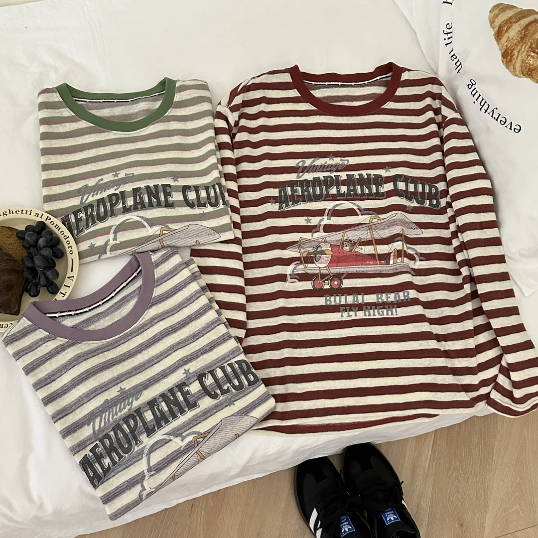 2024秋季新品高品质条纹亚麻手感飞行员印花长袖T 835