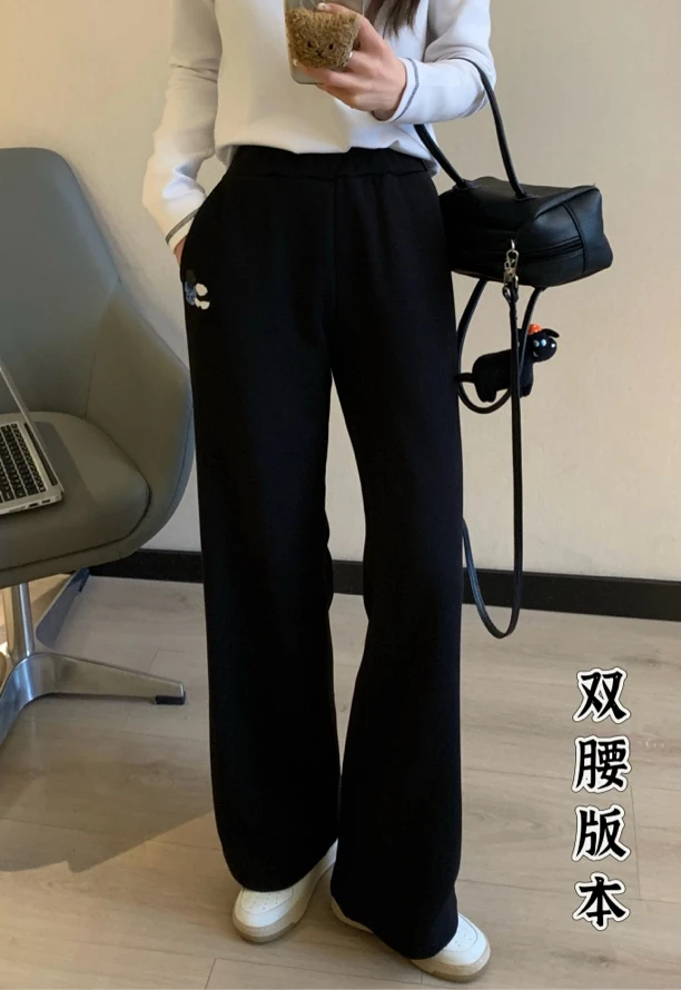 小熊刺绣显瘦百搭直筒加绒抽绳阔腿裤892