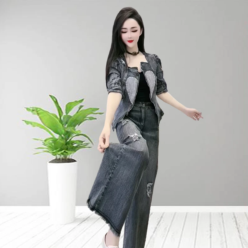 时尚气质洋气减龄桃心女套装68010牛仔早春新款七分袖开衫+阔腿裤