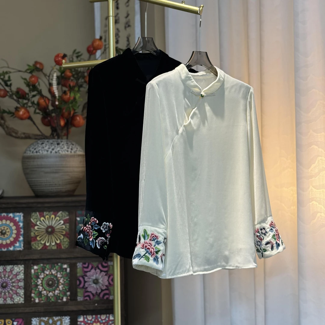 【月梅】新中式高支高密真丝丝绒上衣国风梅花重工刺绣简约百搭打底