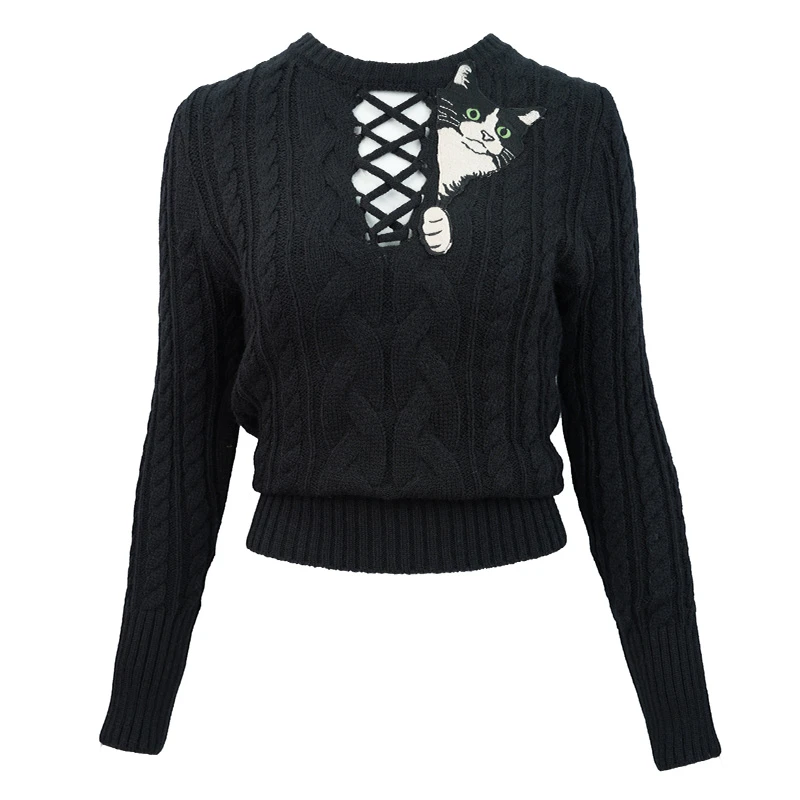 JUNGLE ME秋季圆领猫咪针织毛衣黑色修身纯欲风设计师轻奢时尚
