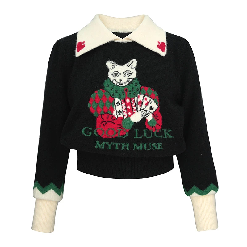 JUNGLE ME复古宫廷风POLO领撞色长袖时尚毛衣秋冬套头黑色上衣