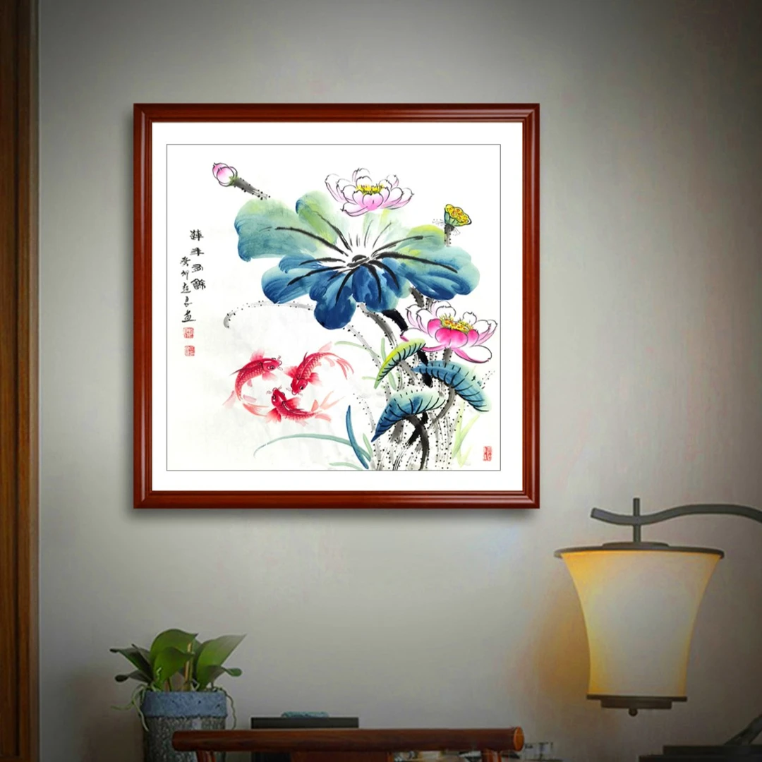荷花鱼《连年有余》书房茶室挂画餐厅客厅（画芯）50/50cm