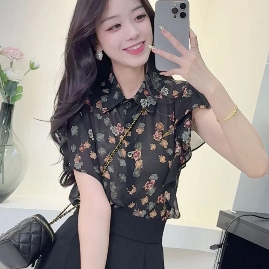 国风复古气质小飞袖碎花衬衫女夏季2025新款气质减龄小衫雪纺上衣