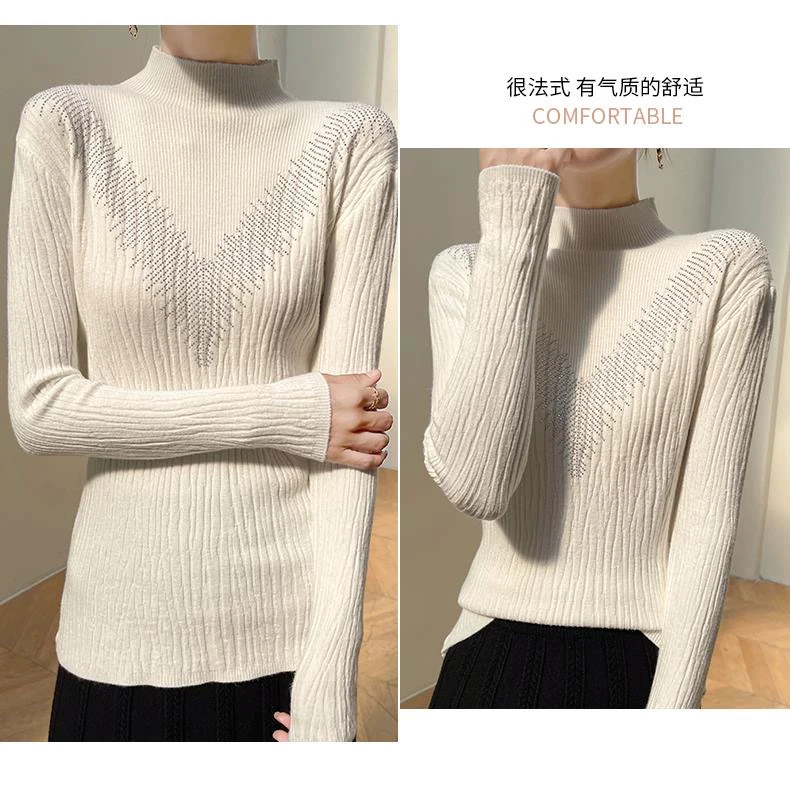 设计感时尚烫钻显瘦半高领安迪绒打底衫女秋冬洋气内搭修身毛衣潮