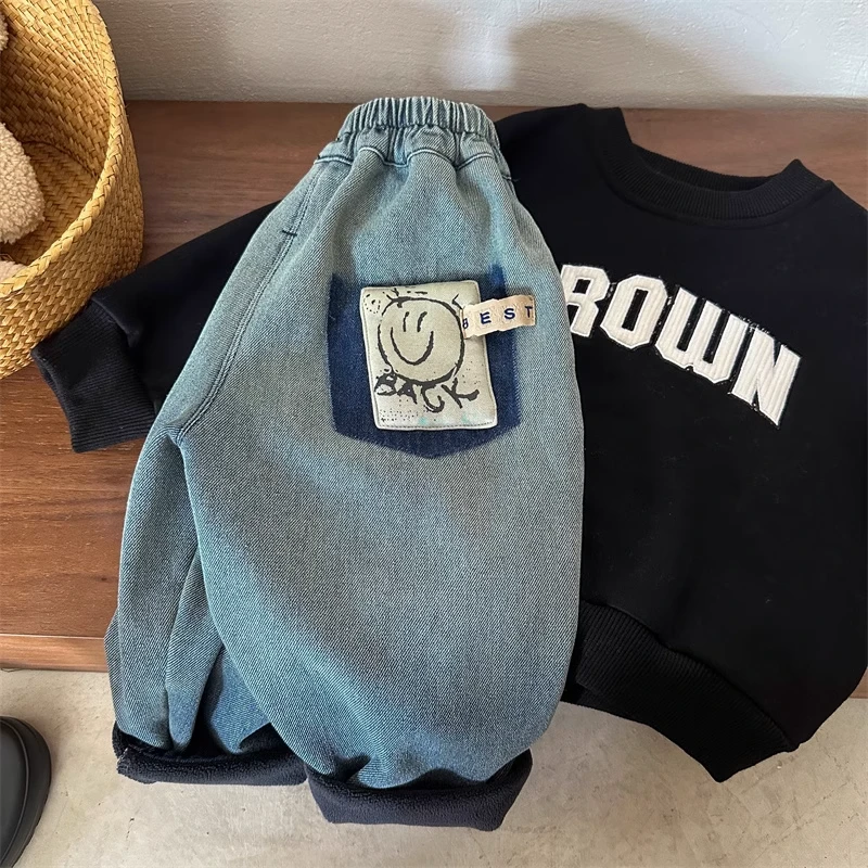 【小柒】儿童牛仔裤2023冬男女童一体绒笑脸加绒哈伦休闲裤宝JC106