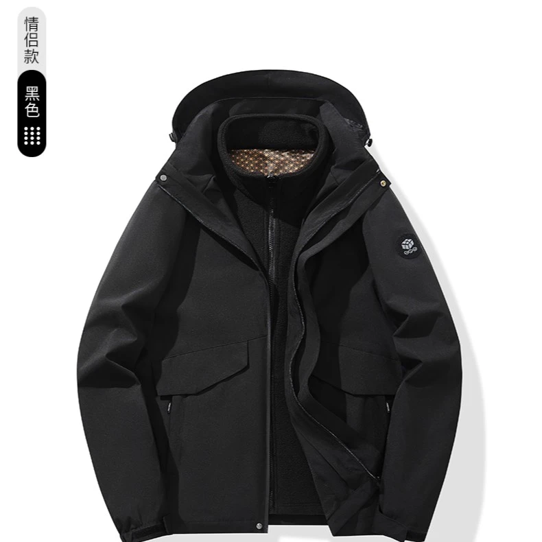 啄木鸟防风防水情侣款外套秋冬款加绒加厚休闲户外运动防寒黑色衣