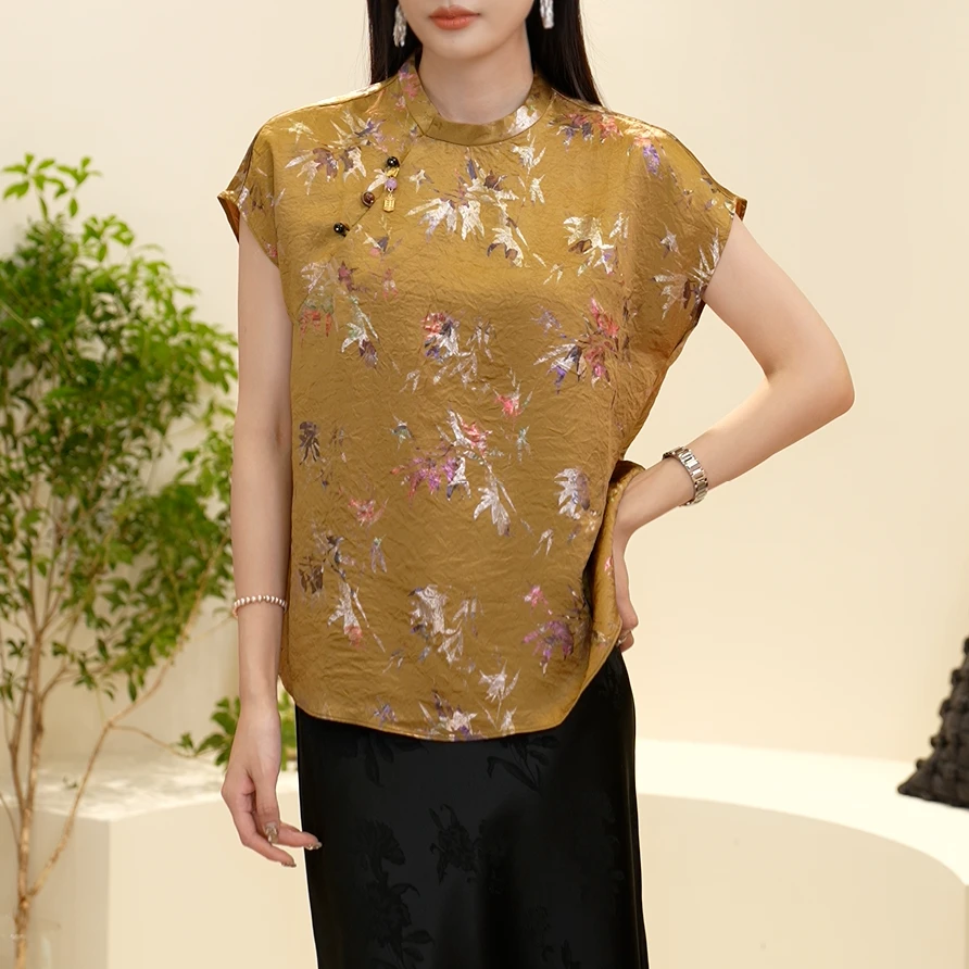 七彩竹叶圆领斜襟压襟上衣新中式夏季宽松气质休闲上衣