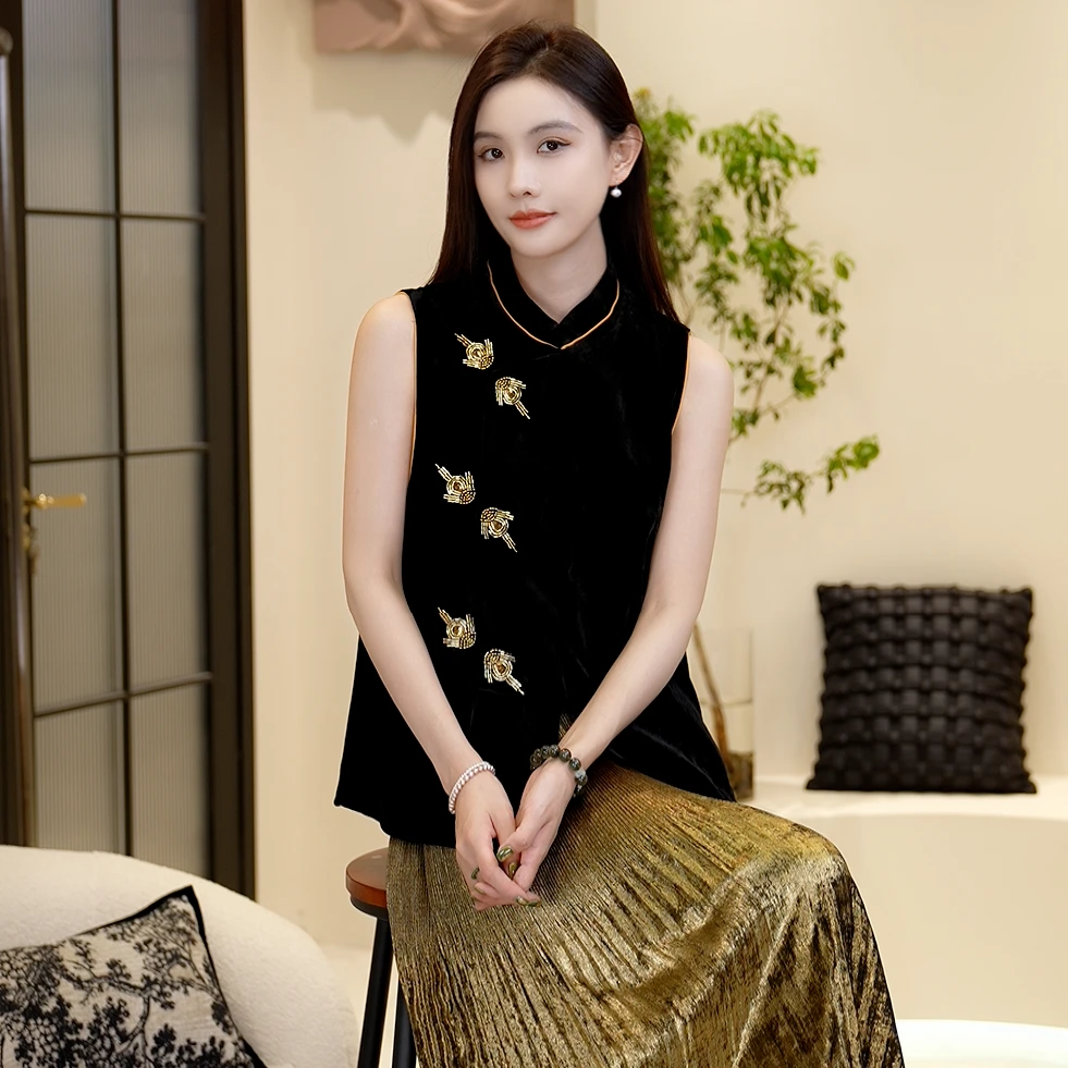 中国风钉珠金色盘扣真丝丝绒立领气质马甲