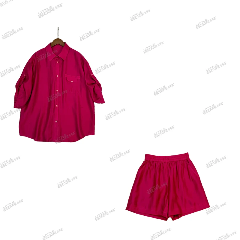 小乖逃X双色翻领上衣短裤绿色套装宽松提花两件套Y096