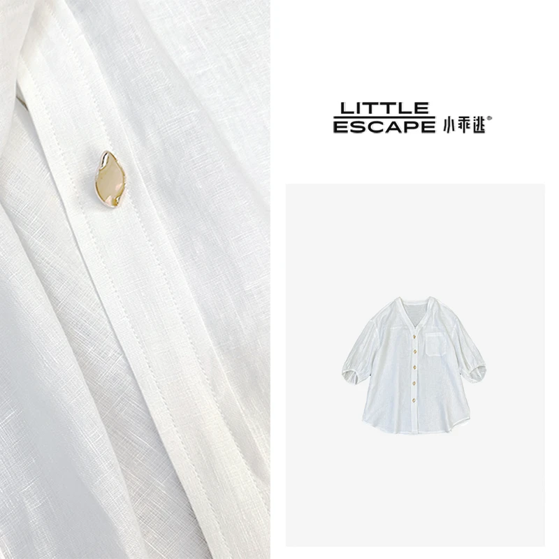 小乖逃X时尚休闲 白色亚麻衬衫 240353