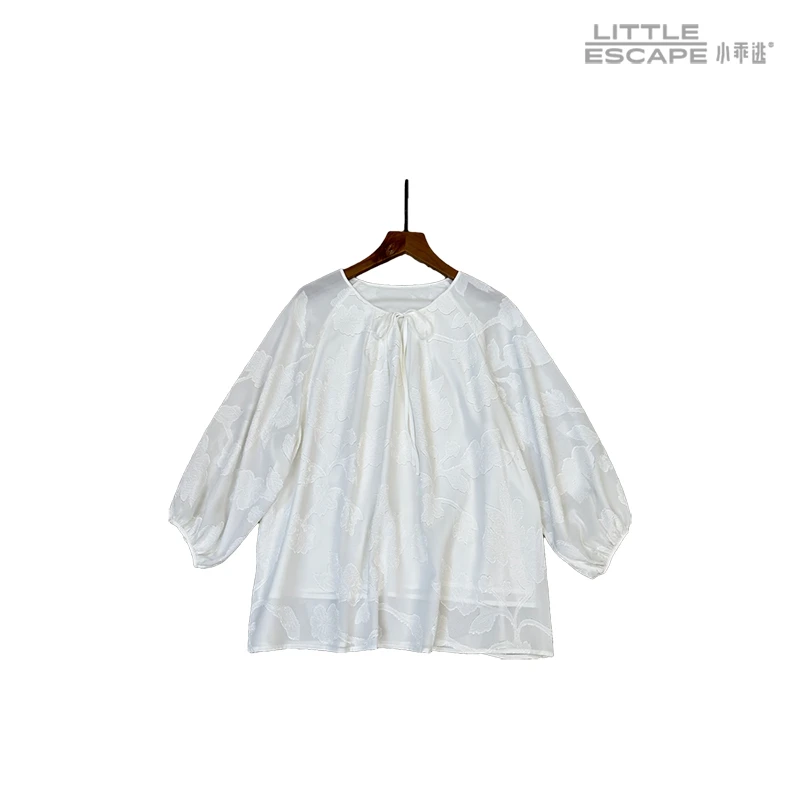 小乖逃X新款设计师圆领白色衬衣绑带上衣灯笼袖提花衬衫净色Q6335