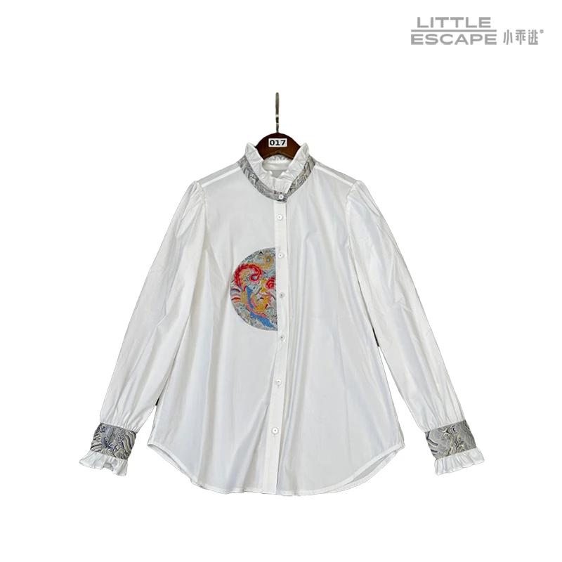 小乖逃X新款设计师白色衬衫国风凤凰宽松长袖百搭6239