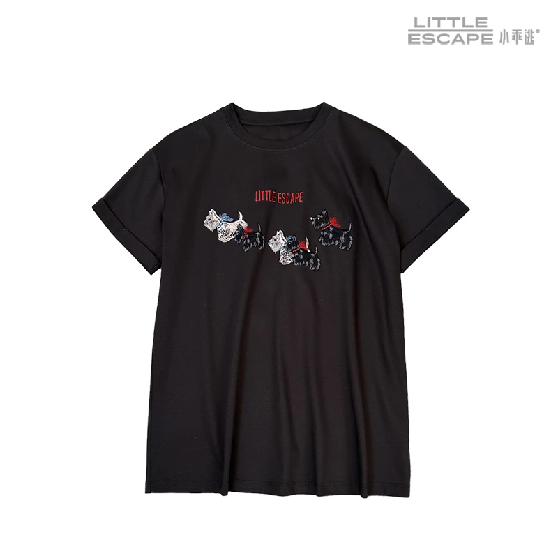 小乖逃X丝光料白色T恤五只小狗短袖宽松简约秋季圆领百搭3185