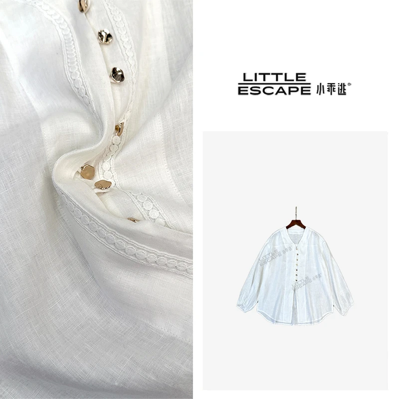 小乖逃X轻奢亚麻 七星连珠 V领白色衬衫 C101
