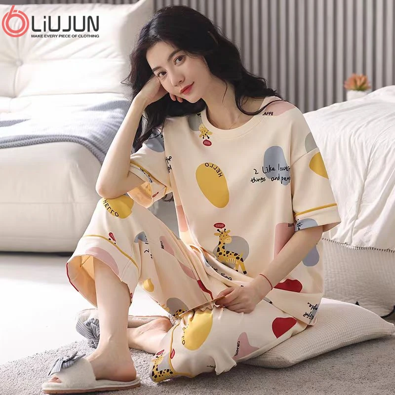 夏季睡衣女士短袖七分裤薄款套装2025新款甜美宽松可外穿家居服