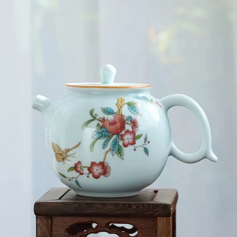复古粉彩茶具 石榴壶 石榴盖碗 陶瓷蝶恋花 家用茶具