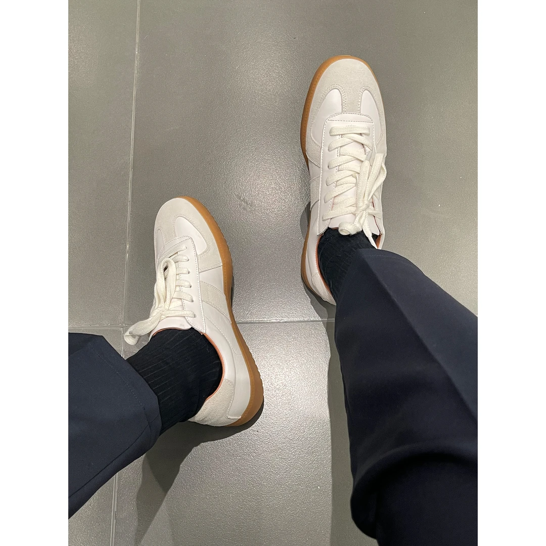 男士白色简约复古百搭新款头层牛皮德训休闲小白鞋