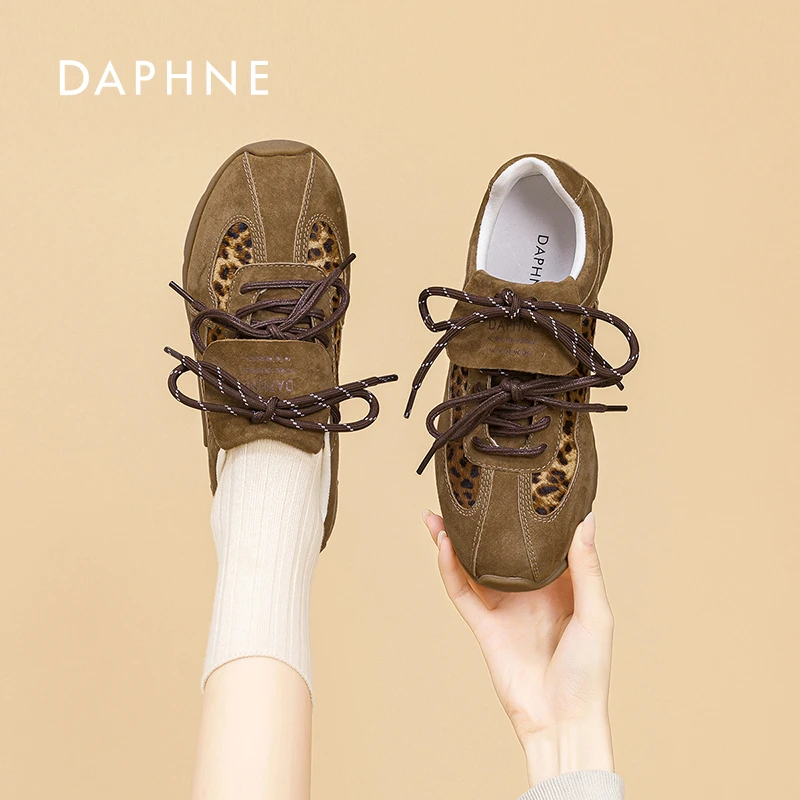 Daphne/达芙妮豹纹翻盖德训鞋女2025秋季复古圆通真皮系带阿甘鞋