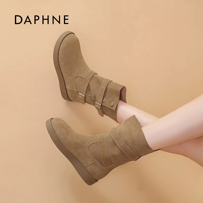 Daphne/达芙妮复古中筒靴女2025冬季新款时尚百搭爆款扣带马丁靴