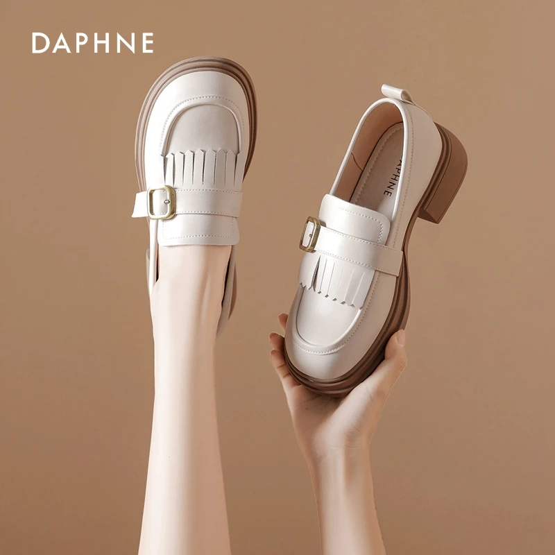 Daphne/达芙妮女鞋2024夏季新款粗跟厚底乐福鞋英伦风百搭小皮鞋