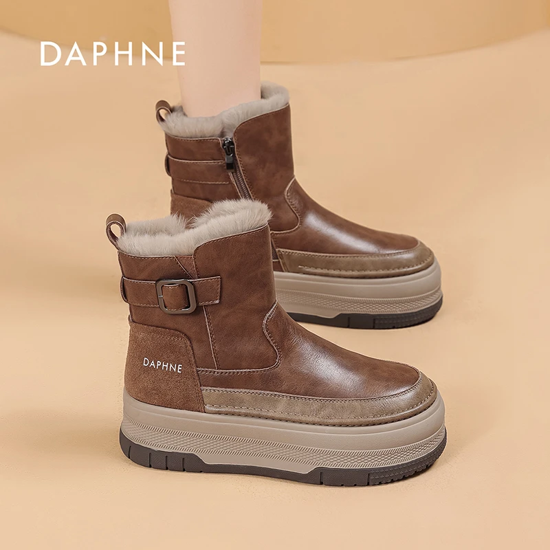 Daphne/达芙妮2025冬季高帮鞋厚底增高加绒保暖复古时尚百搭女鞋